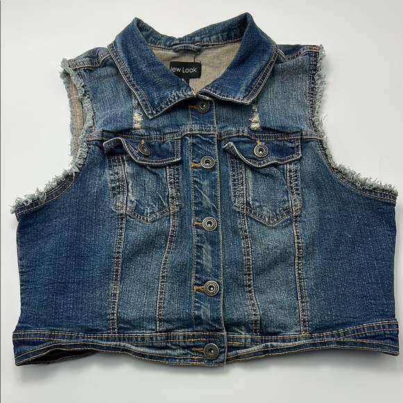 New Look Blue‎ Denim Vest XL Fray Cropped Button Down Dark Wash Cotton Collared - Picture 1 of 13